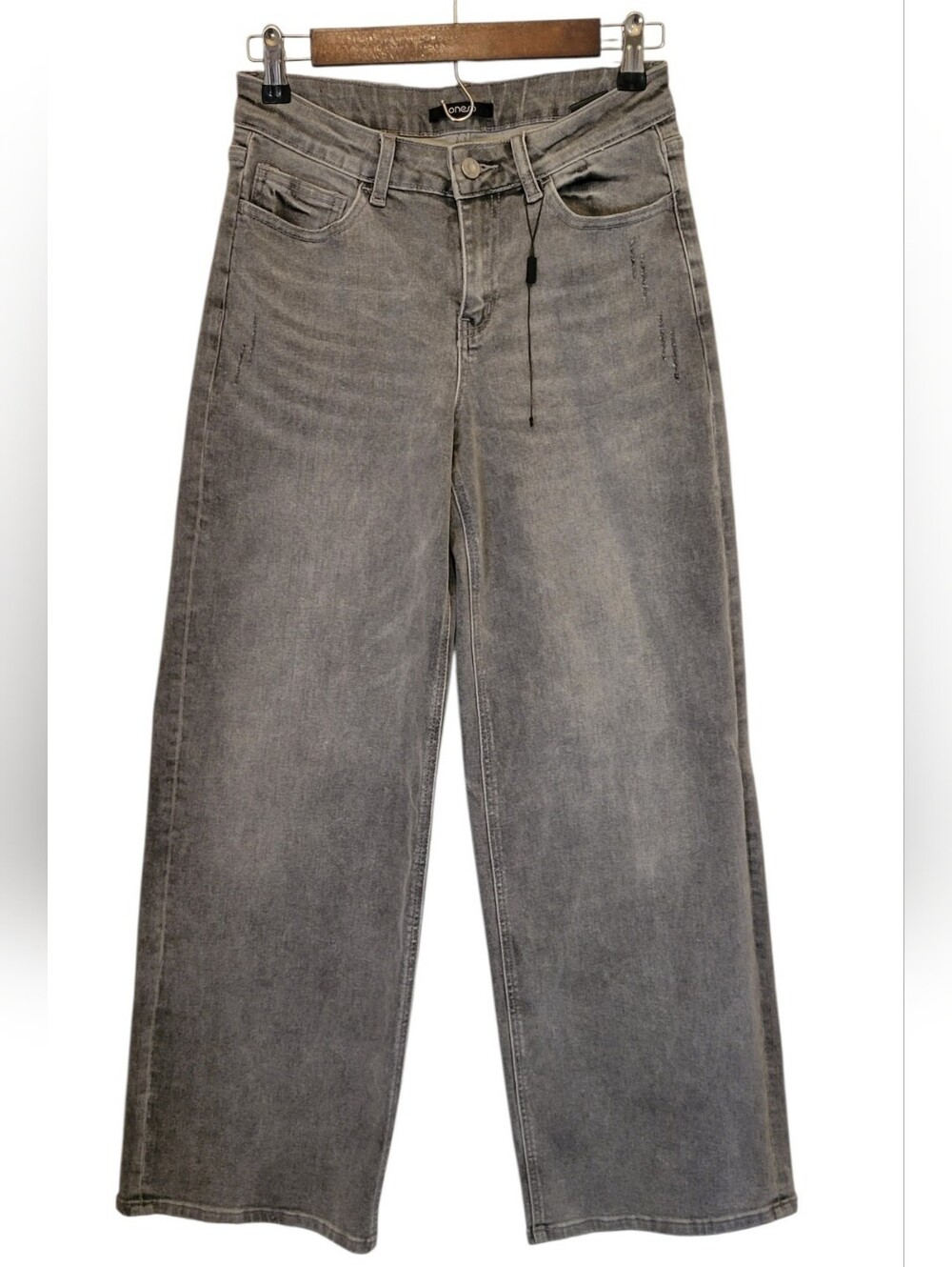 ONESO Gray Wide Leg Distressed Stretch Jeans Size 27 High Rise Denim 30" Inseam - Picture 2 of 10